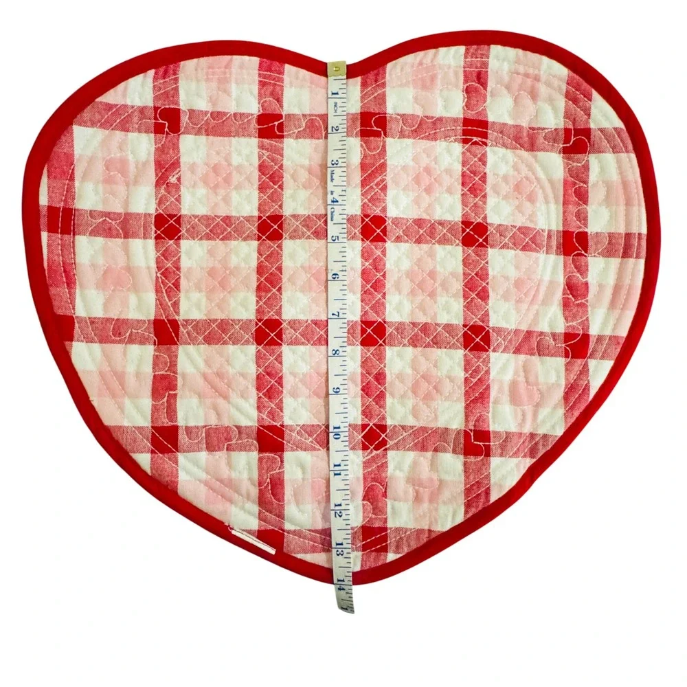 Set 4 Heart Placemat Reversible‎ Red Gingham Quilted Valentine Country Farmhouse